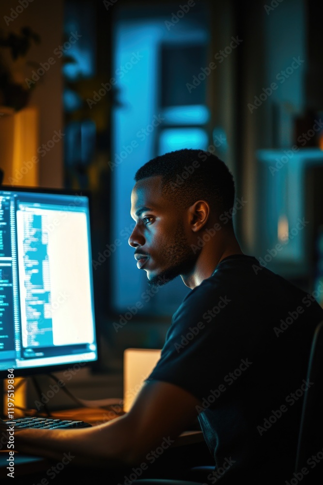 Poster a man working late at night on a computer in an office environment, focusing on his screen as he sol