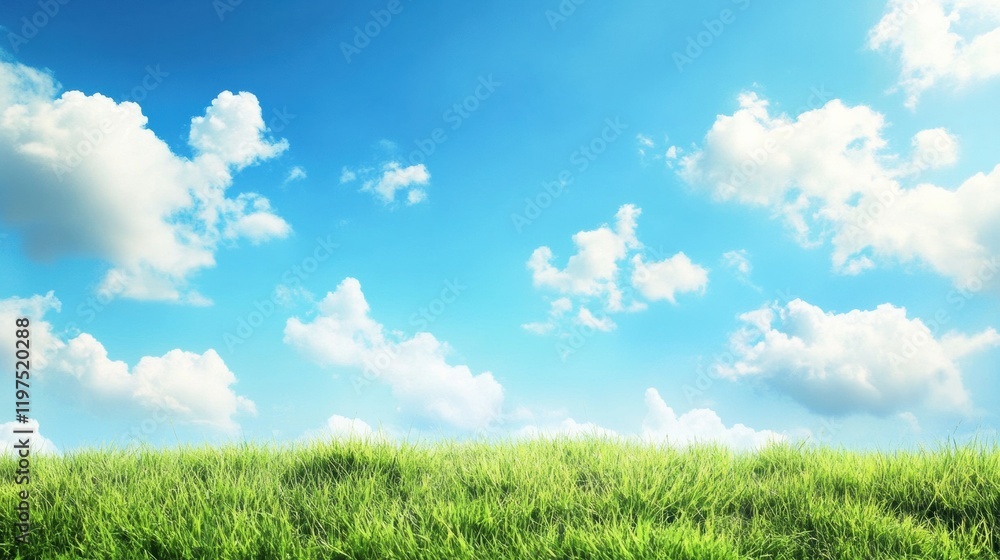 Poster vast green field under a bright blue sky filled with fluffy clouds, perfect for relaxation or creati