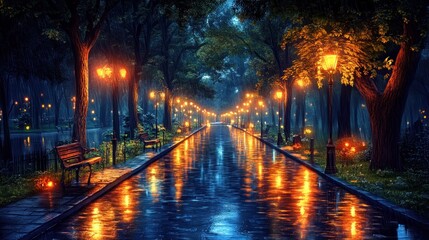 Rainy night in a park with glowing lamps reflecting on a canal.