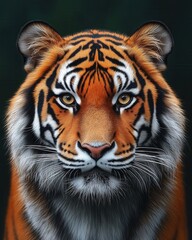 Obraz premium Tiger looking forward on a dark background.