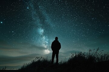 Person observing the cosmos in a starry night sky, contemplating life and our place within it.