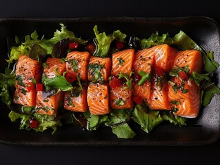 A delicious sushi roll served on a bed of leafy greens, garnished with herbs and spices.