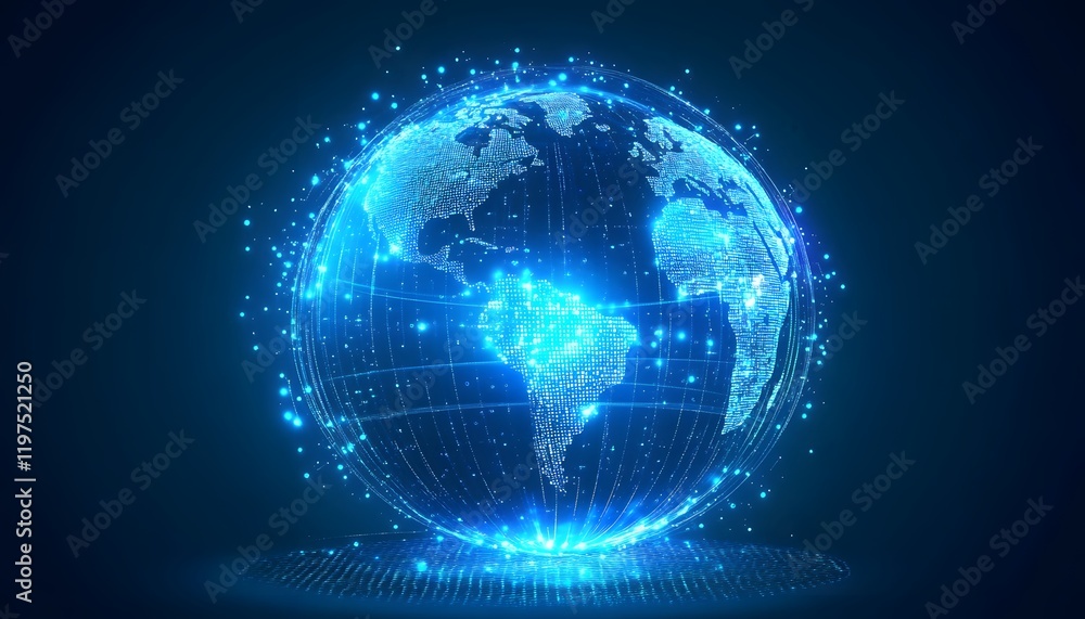 Poster a stunning digital representation of a glowing globe surrounded by interconnected data points, symbo