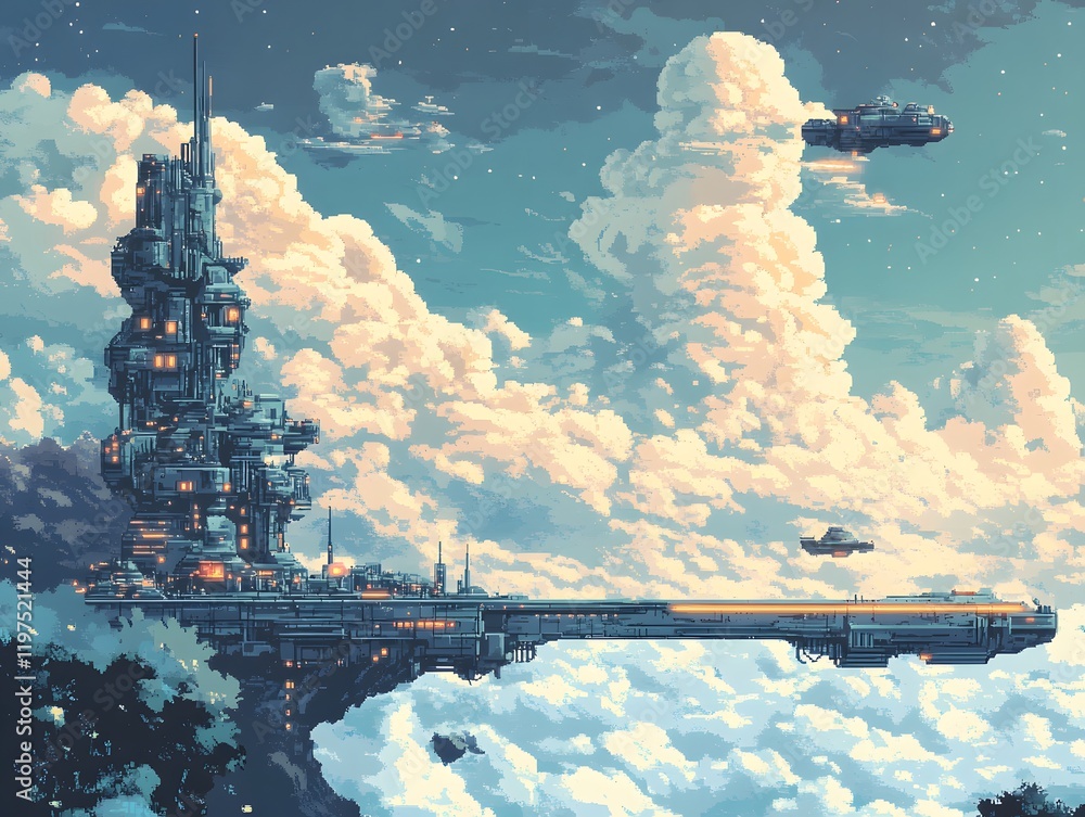Poster a stunning futuristic cityscape featuring a towering structure against a backdrop of fluffy clouds, 