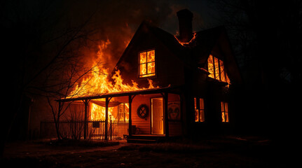 house on fire at night / house burning 