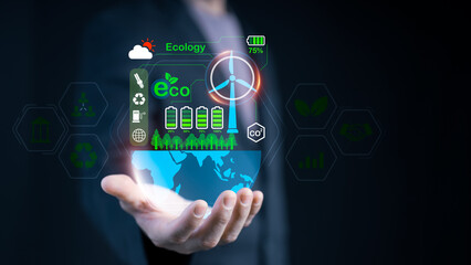 Net zero carbon neutrality. Concerning business, the hand of pollution and efficient management using NetZero symbols—renewable energy, lower CO2 emissions, green production, and trash recycling.