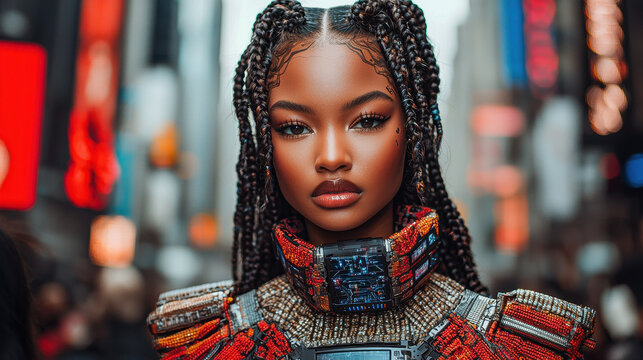 Model showcases high-tech interactive fashion piece glowing in vibrant colors under the neon lights of a futuristic city in 2050 - Powered by Adobe