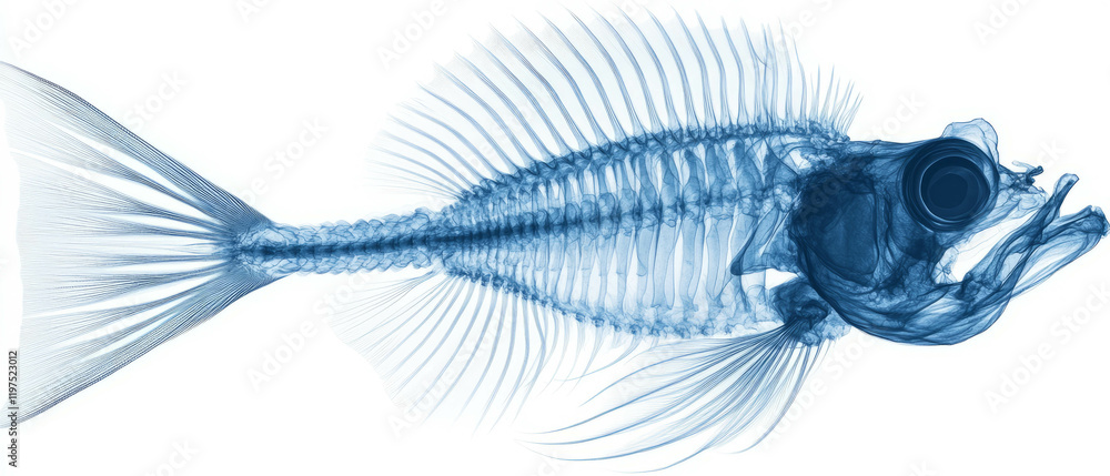 Poster x-ray revealing intricate structure of fish bones and sharp spines in underwater adaptation