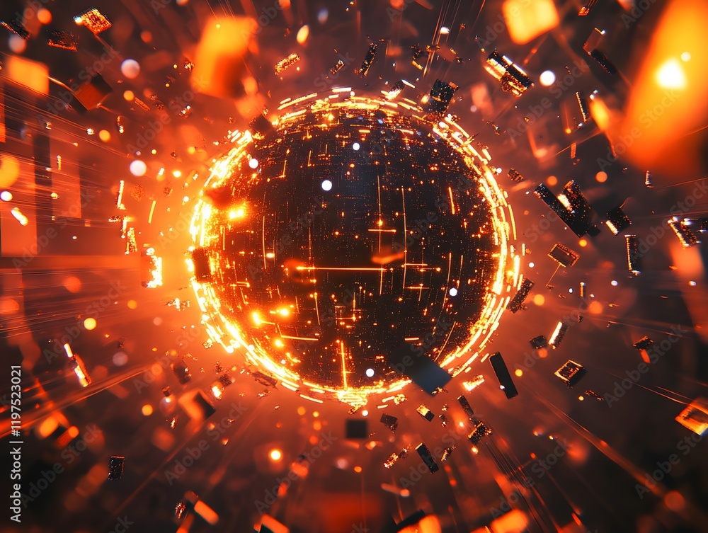 Poster a vibrant and dynamic abstract visualization showcasing a glowing sphere surrounded by fragments. th
