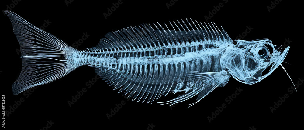 Poster x-ray highlighting intricate fish bone structure and sharp spines in underwater adaptation