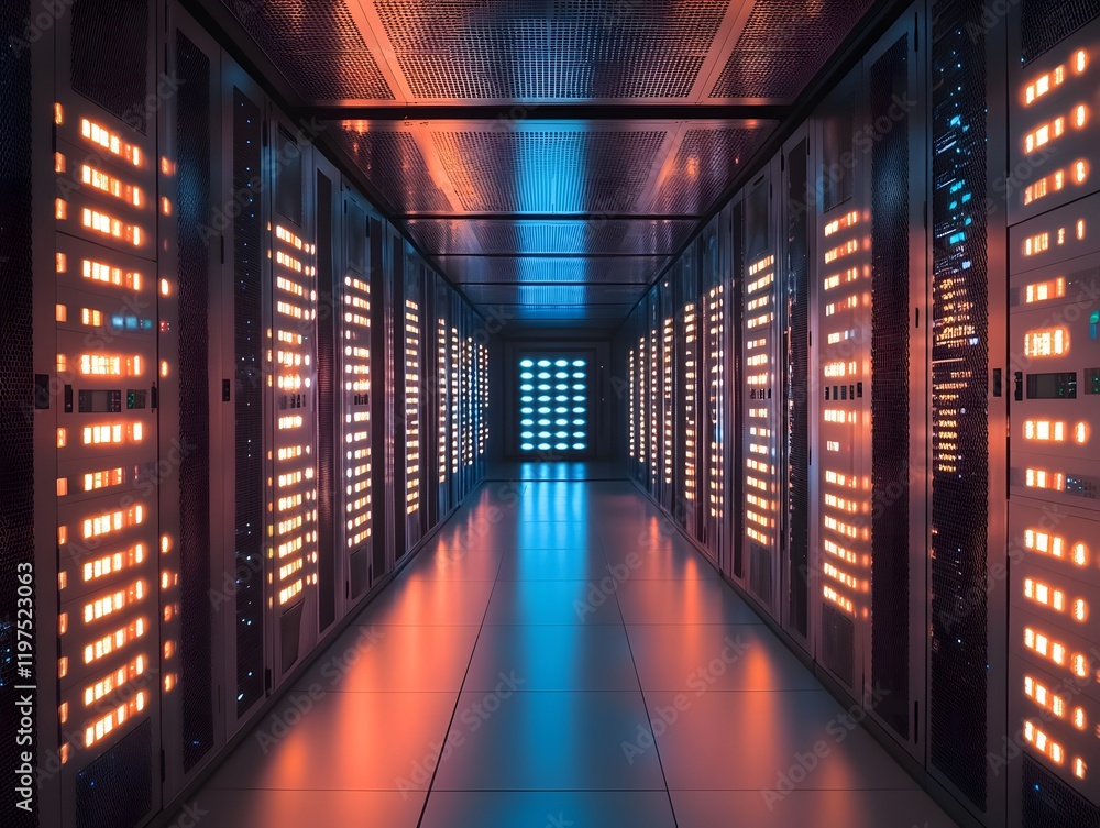 Poster a vibrant and modern data center corridor, featuring illuminated server racks with colorful led ligh