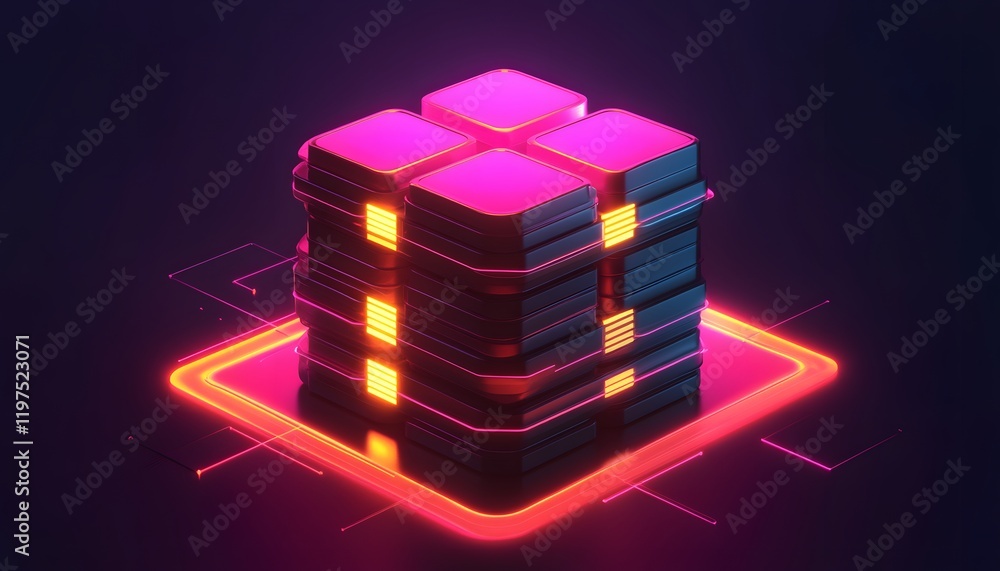 Poster a vibrant and modern representation of digital data storage, featuring glowing blocks and neon color