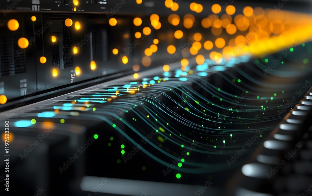Poster a vibrant close-up of a digital sound mixer displaying colorful lights and waves, illustrating moder