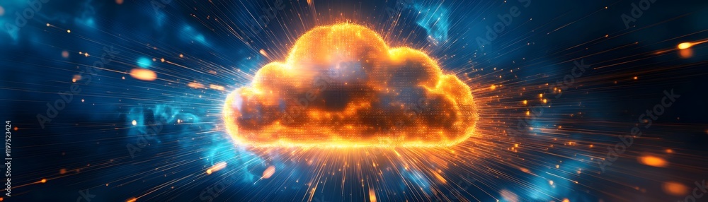 Poster a vibrant digital cloud with explosive energy, symbolizing cloud computing and data storage innovati