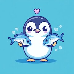 Fototapeta premium Cute penguin holding two fish, blue background, Valentine's Day card