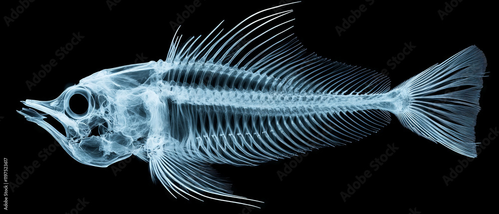 Poster x-ray of a fish skeleton revealing sharp spines and intricate bone structure