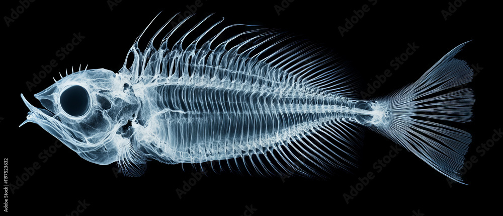 Aufkleber x-ray view of a fish skeleton highlighting sharp spines and detailed bone structure