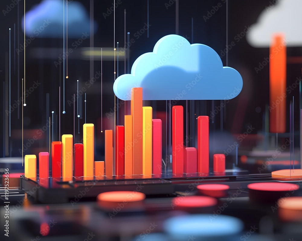 Poster a vibrant digital representation of data analytics, featuring colorful bar graphs and a cloud icon, 