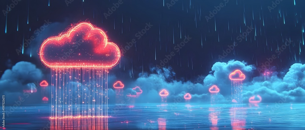 Poster a vibrant digital representation of neon clouds raining down in a futuristic landscape, showcasing t
