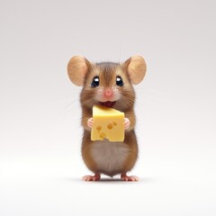 Adorable cartoon-style mouse holding a piece of yellow cheese against a soft gradient background, showcasing a playful and charming expression that appeals to all ages.