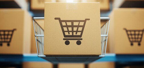 A close-up of a shopping cart icon on a cardboard box, symbolizing online shopping and e-commerce trends. home delivery options , drop shipping efficiency.