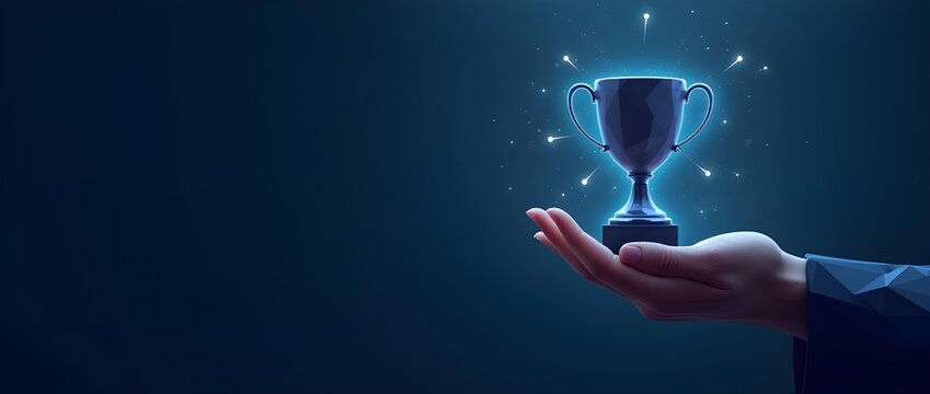 Futuristic achievement illustration of hand holding trophy on dark blue background. The design features a bright, low-polygon style.