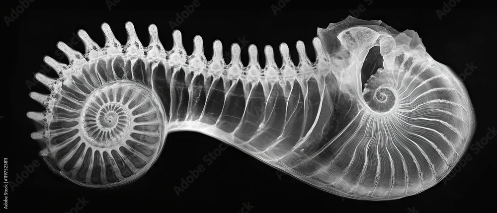 Poster x-ray analysis of fossilized ammonite revealing ancient spiral shell structure