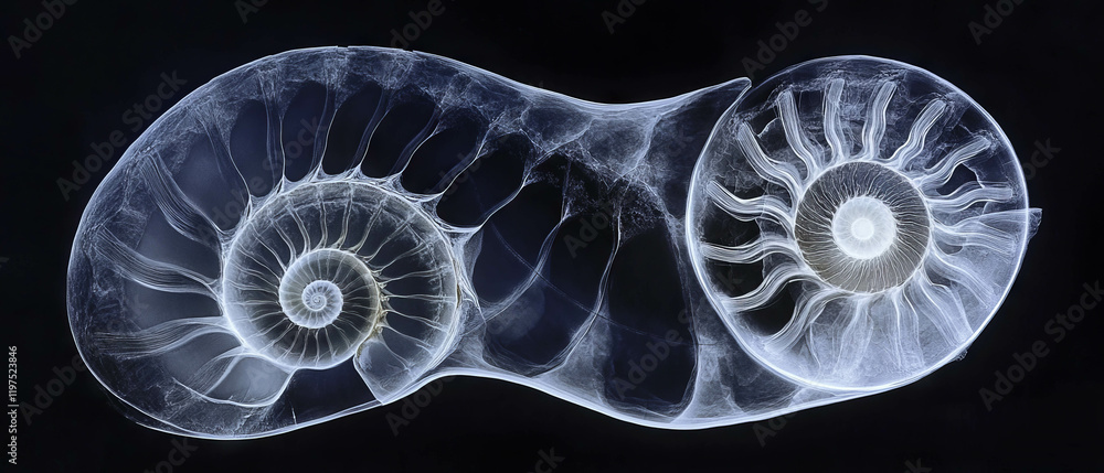 Poster x-ray view of fossilized ammonite and spiral shell depicting ancient life forms