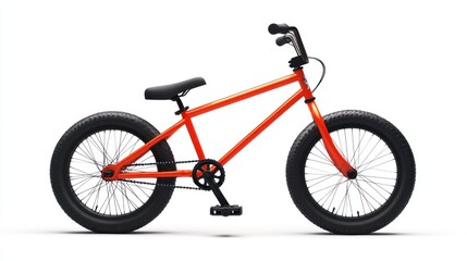 Fototapeta premium Orange BMX bike with black tires and components, isolated on white background.