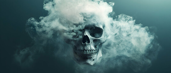Abstract art featuring a surreal skull made of smoke in a haunting atmosphere  -