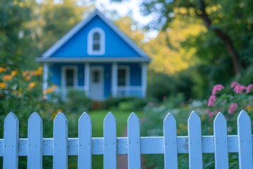Fototapeta premium Blue House White Picket Fence Garden Suburban Home Idyllic Scene