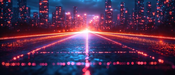 Obraz premium City skyline at night with light trails from moving vehicles