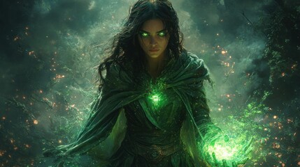 Obraz premium Powerful sorceress with glowing green eyes and magic.