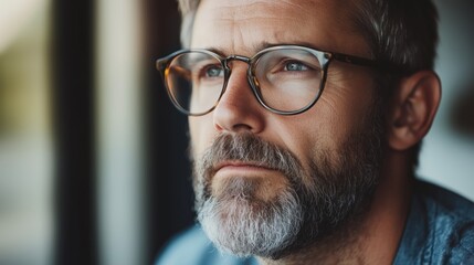 Bearded man wearing glasses reflects quietly.