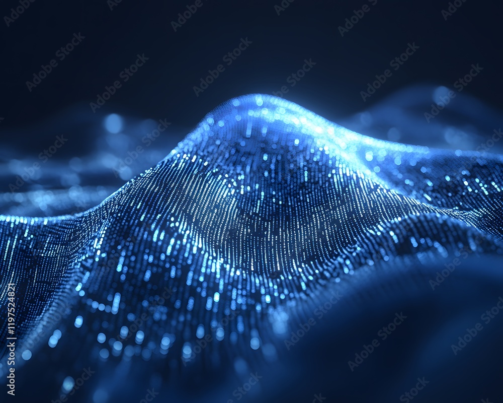 Poster abstract digital landscape with glowing particles, creating a captivating visual of waves in a dark 