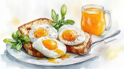 Delicious breakfast highlights poached eggs on crusty toast, garnished with fresh herbs, paired with a refreshing glass of orange juice. A perfect start to the day