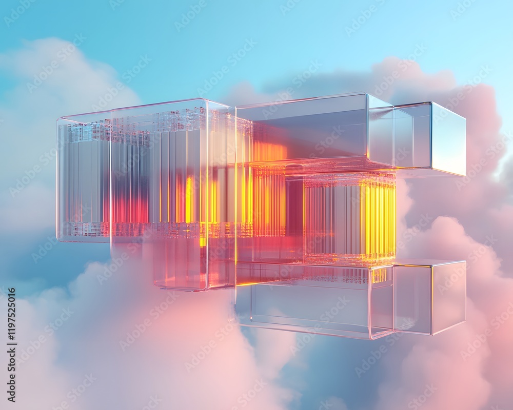 Poster Abstract transparent blocks float above colorful clouds, creating a surreal and dreamy atmosphere.