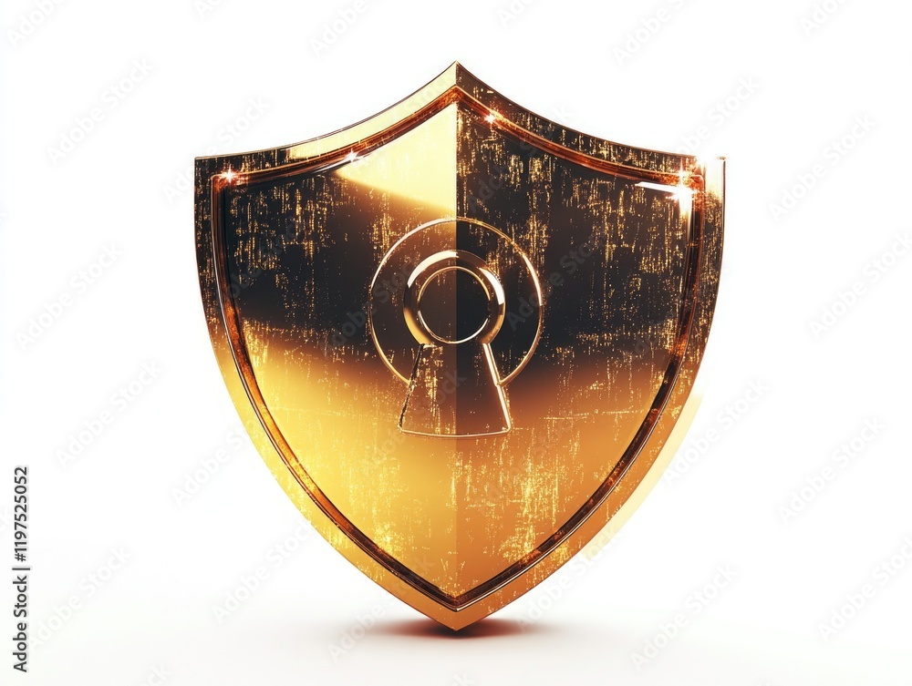 Poster 3d digital rendering of a golden shield with keyhole design and lock symbol in center, indicating se