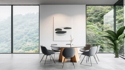 A sleek, minimalist meeting room with a round glass table, modern chairs, and a large, unobstructed window view.