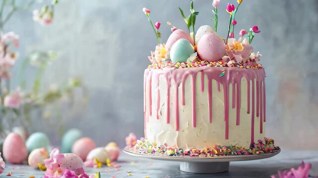 Colorful spring cake adorned with pastel eggs and flowers for Easter celebration
