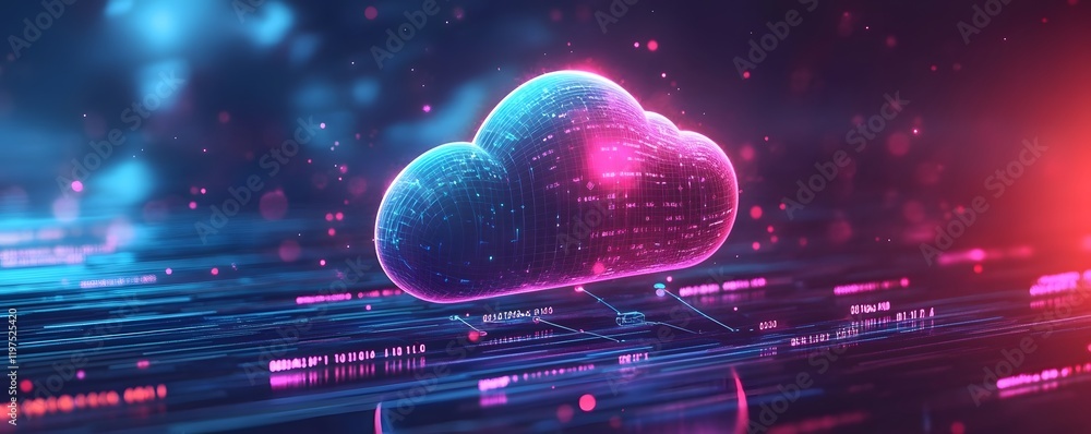 Poster an abstract representation of a digital cloud with vibrant neon colors and intricate data patterns, 