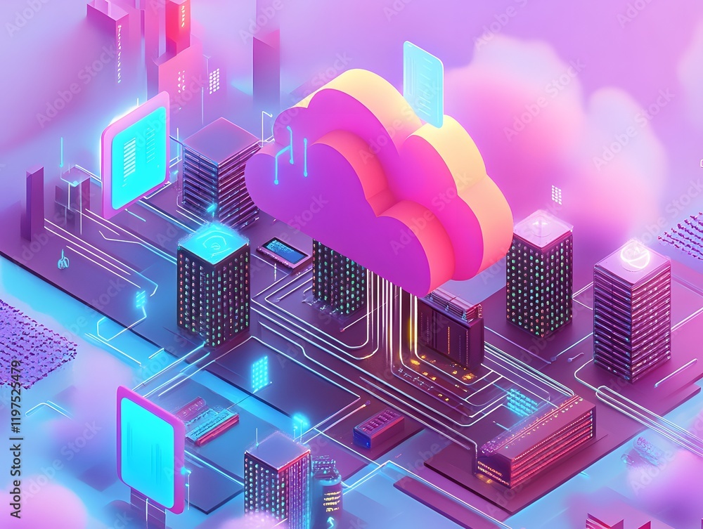 Poster an abstract representation of cloud computing, featuring vibrant colors and interconnected technolog