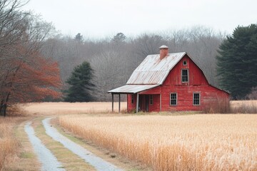 Obraz premium Rustic Red Barn in Autumn Field Countryside Landscape