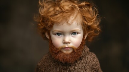 Red-haired child sporting a faux beard, their wide smile and twinkling eyes radiating humor and youthful energy.