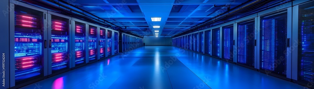 Poster an expansive data center with rows of servers illuminated by vibrant blue and pink lights. the high-
