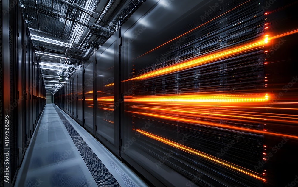 Poster an interior view of a state-of-the-art data center showcasing rows of server racks illuminated by dy