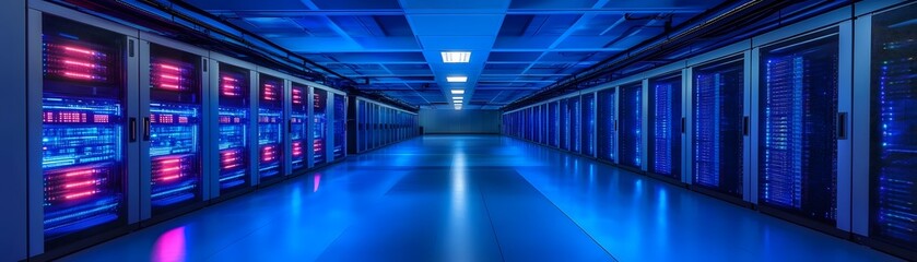 An expansive data center with rows of servers illuminated by vibrant blue and pink lights. The high-tech environment emphasizes modern computing and digital infrastructure.