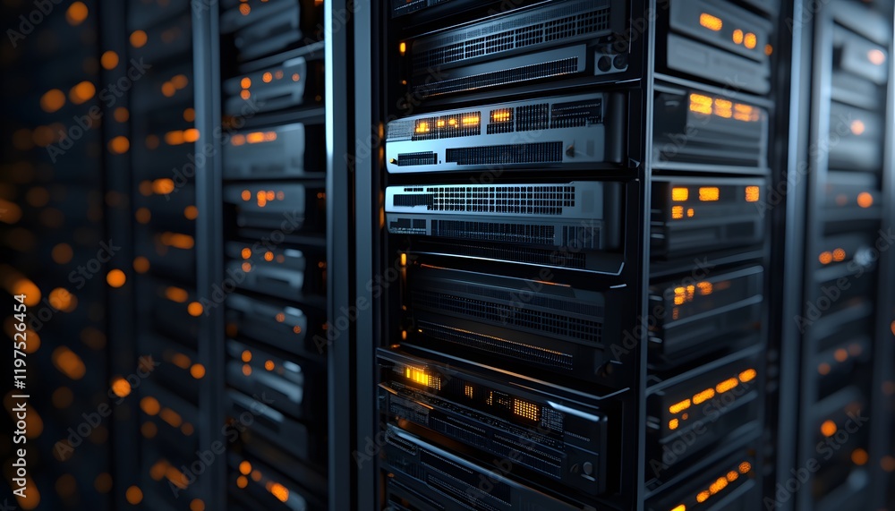 Poster an intricate view of server racks illuminated with orange lights, showcasing modern data storage. th