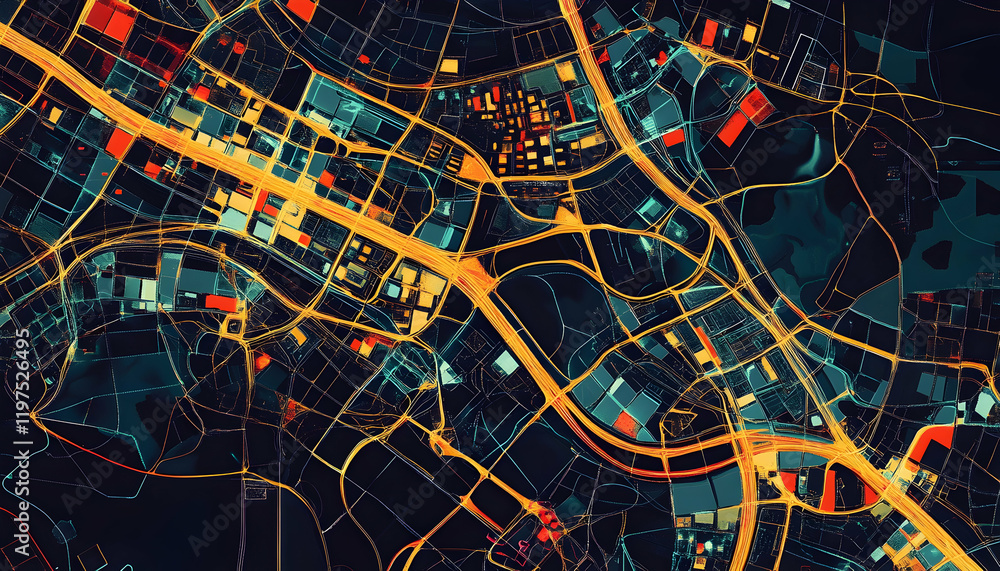 Poster abstract urban map with intricate linework and patterns, symbolizing city connectivity -