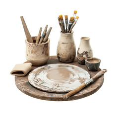 Artistic ceramic studio setup with pottery tools, brushes, and clay. scene captures essence of creativity and craftsmanship in serene environment